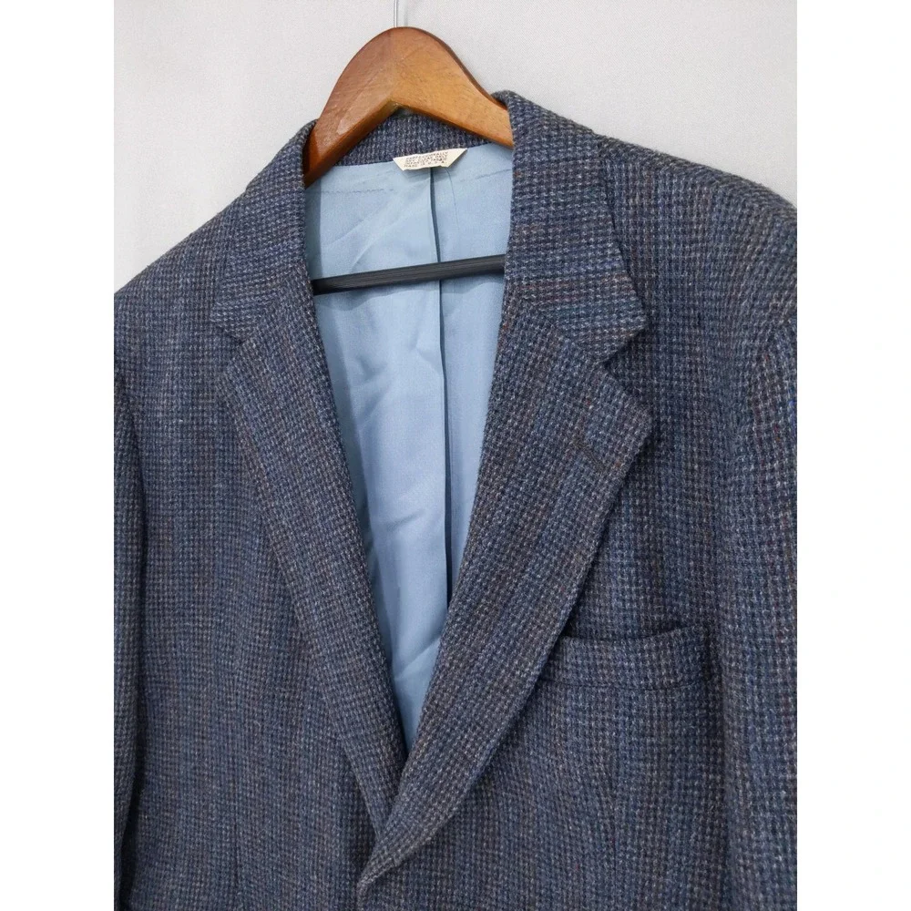 Vintage Wool Tweed Sport Coat Mens 44L Blue Brown Micro Check Two Button Blazer